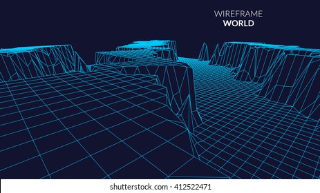 Wireframe Landscape Mountain  Background. Futuristic Landscape With Line Grid. Low Poly 3D Wireframe Mapping. Network Cyber Technology Background.