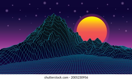 Wireframe landscape in pink purple background. 80s abstraction in retro style. Vector illustration.