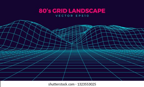 Wireframe landscape, retro 80s design element, neon colors, vector illustration