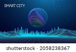 Wireframe landscape with Smart city. Technology background blue in low poly style. Data security 3d vector background. Global social network connection.