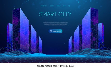 Wireframe landscape with Smart city. Technology background blue in low poly style. Data security 3d vector background. Global social network connection.