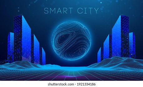 Wireframe Landscape With Smart City. Technology Background Blue In Low Poly Style. Data Security 3d Vector Background. Global Social Network Connection.