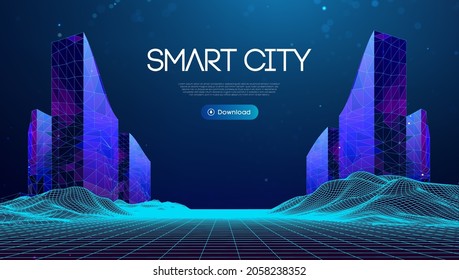 Wireframe landscape with Smart city. Technology background blue in low poly style. Data security 3d vector background. Global social network connection.