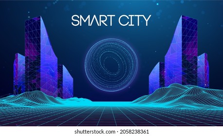 Wireframe landscape with Smart city. Technology background blue in low poly style. Data security 3d vector background. Global social network connection.