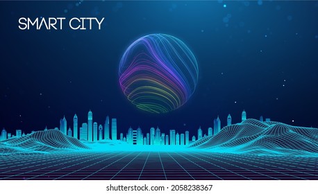 Wireframe landscape with Smart city. Technology background blue in low poly style. Data security 3d vector background. Global social network connection.