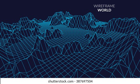 Wireframe Landscape travel map. Futuristic Landscape view line Grid. Low Poly 3D Wireframe striped Mapping. Discovery Technology background.