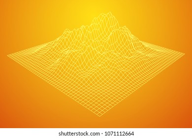 Wireframe landscape vector background. Cyberspace grid technology illustration