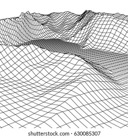 Wireframe landscape vector background. Cyberspace grid technology illustration.