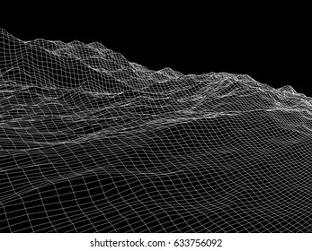 Wireframe landscape vector background. Cyberspace grid technology illustration.