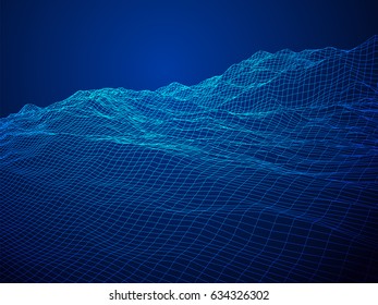 Wireframe landscape vector background. Cyberspace grid technology illustration on blue