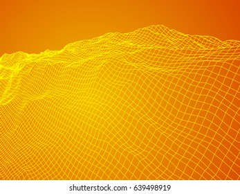 Wireframe landscape vector background. Cyberspace grid technology illustration