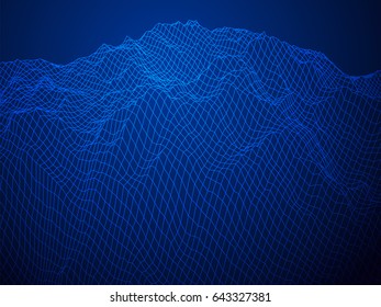 Wireframe landscape vector background. Cyberspace grid technology illustration