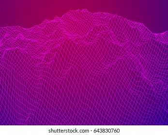 Wireframe landscape vector background. Cyberspace grid technology illustration