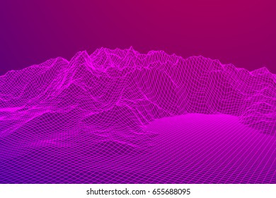 Wireframe landscape vector background. Cyberspace grid technology illustration