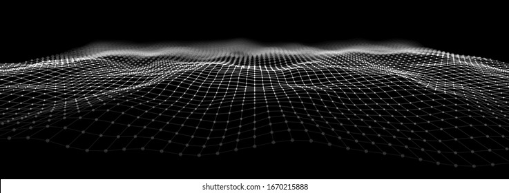 Wireframe Landscape Wire with Depth of Field Effect. 3D Topographic map background concept. Geography concept. Wavy backdrop. Space surface HUD Design Element.