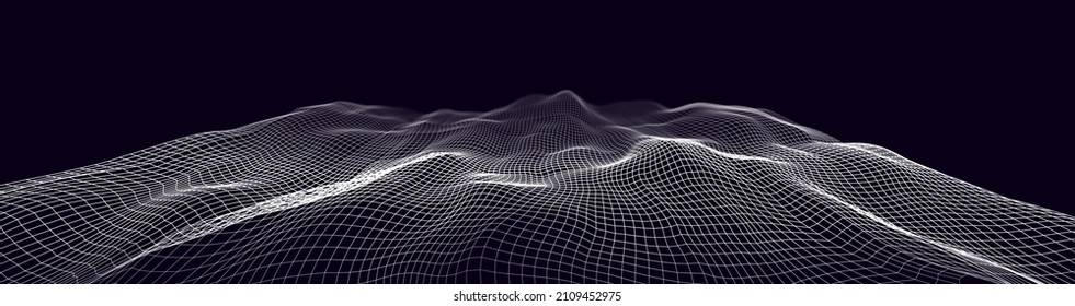 Wireframe Landscape Wire with Depth of Field Effect. 3D Topographic map background concept. Geography concept. Wavy backdrop. Space surface HUD Design Element.