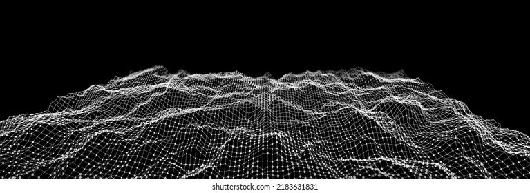 Wireframe Landscape Wire with Depth of Field Effect. 3D Topographic map background concept. Geography concept. Wavy backdrop. Space surface HUD Design Element.