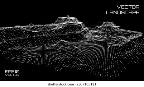 Wireframe Landscape Wire with Depth of Field Effect. 3D Topographic map background concept. Geography concept. Wavy backdrop. Space surface HUD Design Element.