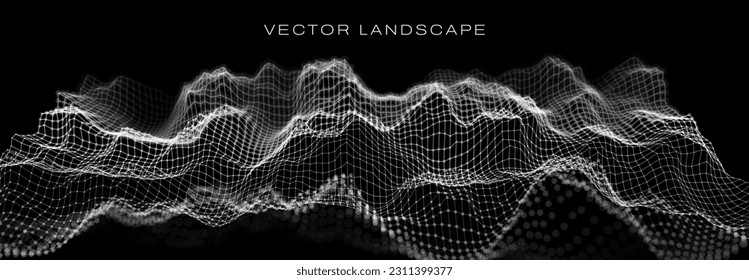 Wireframe Landscape Wire with Depth of Field Effect. 3D Topographic map background concept. Geography concept. Wavy backdrop. Space surface HUD Design Element.