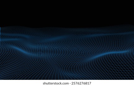 Wireframe Landscape Wire with Depth of Field Effect. 3D Topographic map background concept. Geography concept. Wavy backdrop. Space surface HUD Design Element.