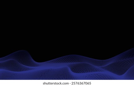 Wireframe Landscape Wire with Depth of Field Effect. 3D Topographic map background concept. Geography concept. Wavy backdrop. Space surface HUD Design Element.