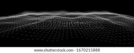 Wireframe Landscape Wire with Depth of Field Effect. 3D Topographic map background concept. Geography concept. Wavy backdrop. Space surface HUD Design Element.