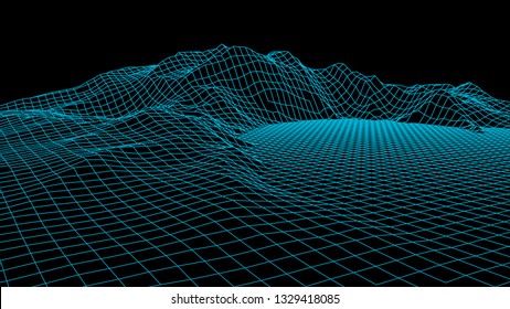 Wireframe landscape wire. Wireframe terrain lines landscape design. 3d landscape