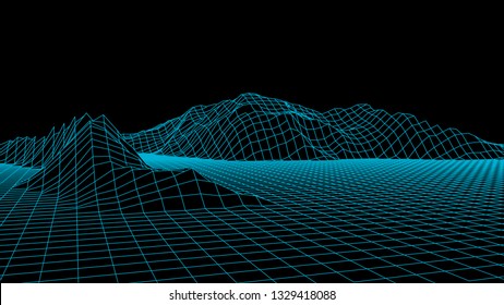 Wireframe landscape wire. Wireframe terrain lines landscape design. 3d landscape