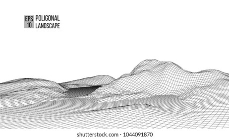 Wireframe landscape wire. Wireframe terrain polygon landscape design. 3d landscape