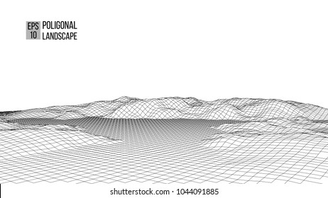 Wireframe Landscape Wire. Wireframe Terrain Polygon Landscape Design. 3d Landscape