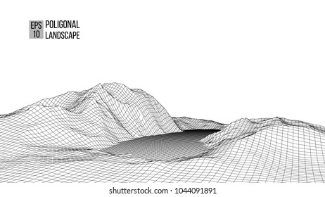 Wireframe landscape wire. Wireframe terrain polygon landscape design. 3d landscape