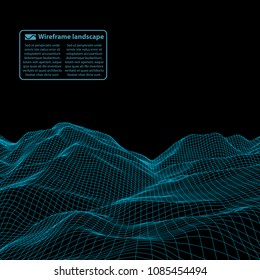 Wireframe landscape wire. Wireframe terrain polygon landscape design. 3d landscape