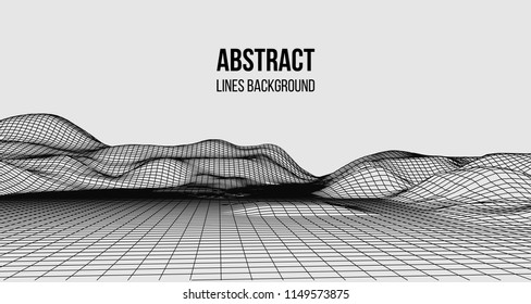 Wireframe landscape wire. Wireframe terrain polygon landscape design. 3d landscape