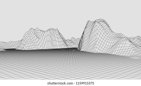 Wireframe landscape wire. Wireframe terrain polygon landscape design. 3d landscape