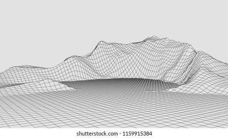 Wireframe landscape wire. Wireframe terrain polygon landscape design. 3d landscape
