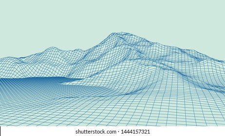 Wireframe landscape wire. Wireframe terrain polygon landscape design. 3d landscape