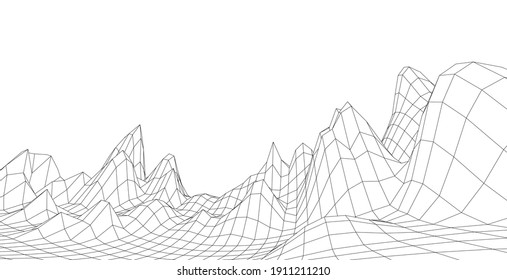 Wireframe landscape wire. Wireframe terrain polygon landscape design. 3d landscape, Network connection background