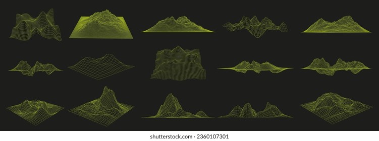 Wireframe landscapes. Futuristic 3D graph grid, cyber mesh mountains and distorted surface coordinates vector set with editable stroke paths. Digital curved are with connected lines