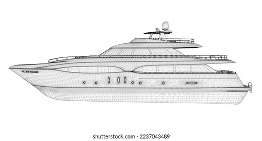 Wireframe of a large luxury yacht from black lines isolated on a white background. Side view. 3D. Vector illustration.