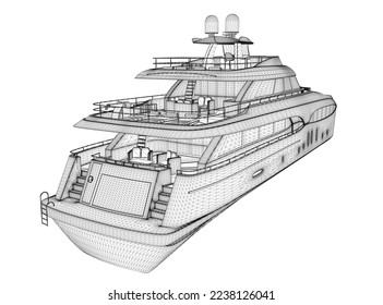 Wireframe of a large luxury yacht from black lines isolated on a white background. Back view. 3D. Vector illustration.