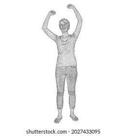 Wireframe of laughing girl with raised arms isolated on white background. 3D. Vector illustration