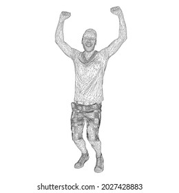 Wireframe of laughing man with raised arms isolated on white background. 3D. Vector illustration