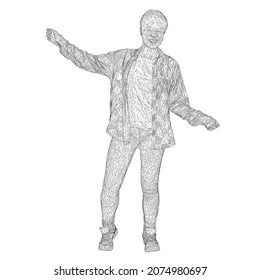 Wireframe of laughing man with raised arms isolated on white background. 3D. Vector illustration.