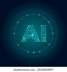 Wireframe letters AI with a circular digital interface on dark background. Impact of AI in modern industries. Digitalization. Concept of modern technologies, innovation, artificial intelligence