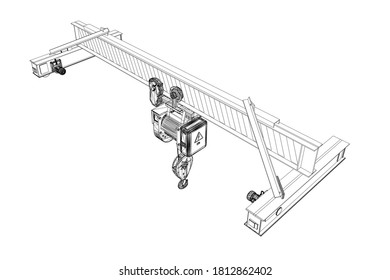 Alambre de elevación de la grúa estacionaria desde líneas negras aisladas sobre fondo blanco. 3 D. Vista isométrica. Ilustración del vector