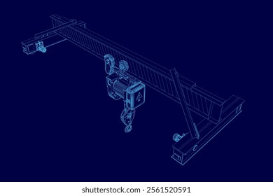 Wireframe of lifting stationary crane from blue lines isolated on blue background. 3D. Isometric view. Vector illustration