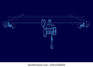 Wireframe of lifting stationary crane from blue lines isolated on blue background. 3D. Isometric view. Vector illustration