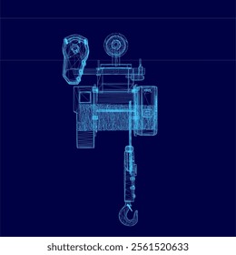 Wireframe of lifting stationary crane from blue lines isolated on blue background. 3D. Front view. Vector illustration