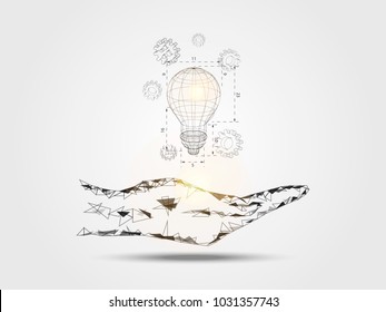 Wireframe lightbulb and 3d gear on hand represents concept of engineering and innovation. Technology Background. Vector illustration.
