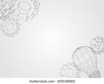 Wireframe lightbulb and 3d gear on grid represents concept of engineering and innovation. Technology Background. Vector illustration.
